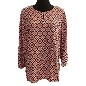 Talbots Pink, White, and Navy Floral Geometric Print Top with Long Sleeve‎ Sz XL